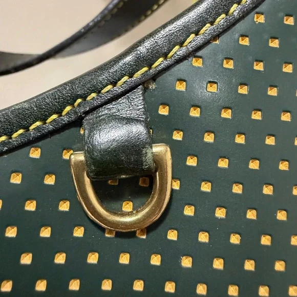 Vintage Dooney & Bourke Cabrio Green/Yellow Perforated Leather Large Hobo Bag - Picture 11 of 16